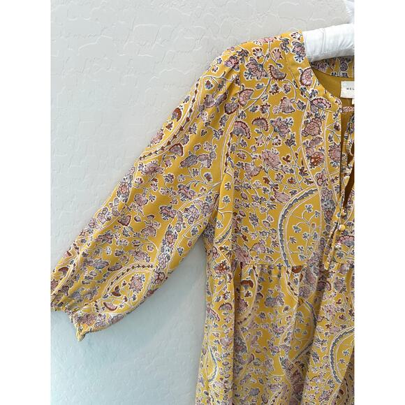 MELLODAY | Yellow Boho Floral Peasant Long Sleeve Babydoll Blouse | Small - Picture 3 of 8